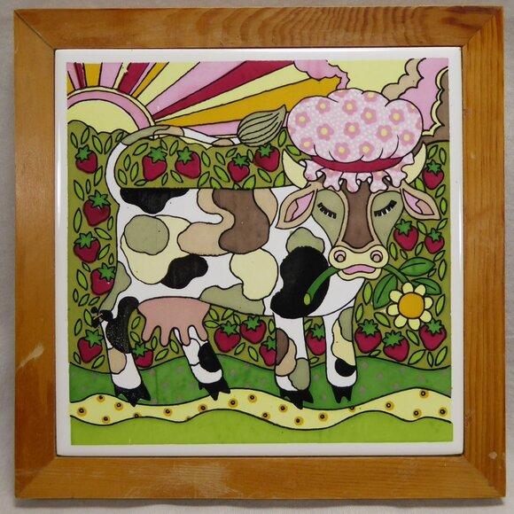 3 Vintage Gailstyn Sutton Whimsical Kitchen 6" Tile Trivets Cow Dog Chicken - Picture 5 of 13